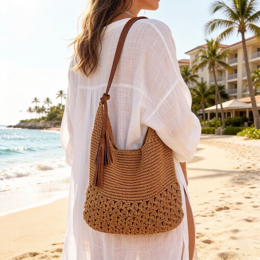 Crochet Hobo Shoulder Bag with Tassel Detail Adjustable Strap Slouchy Knit Handbag Lightweight Casual Tote