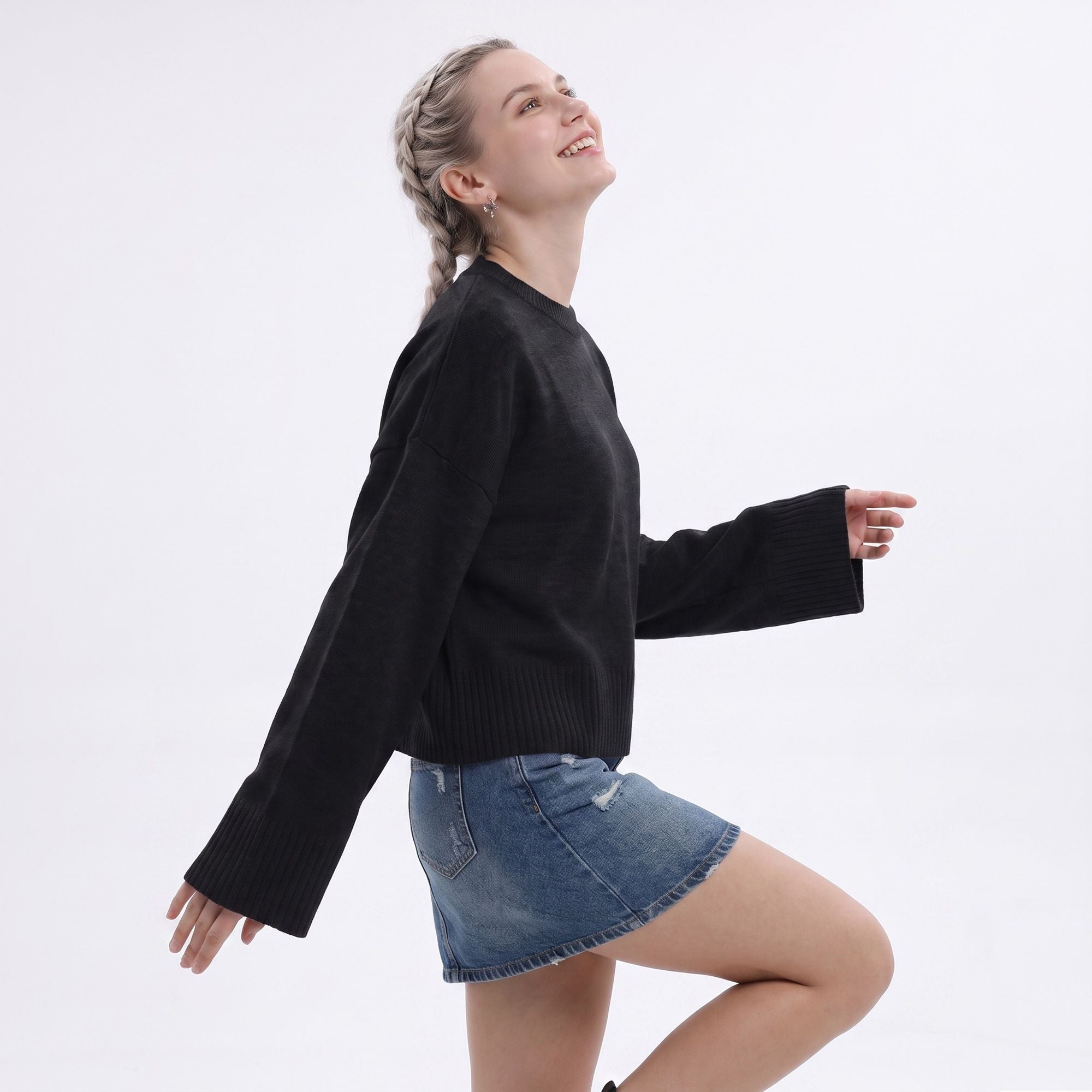 Oversized Crewneck Knit Sweater with Flared Sleeves
