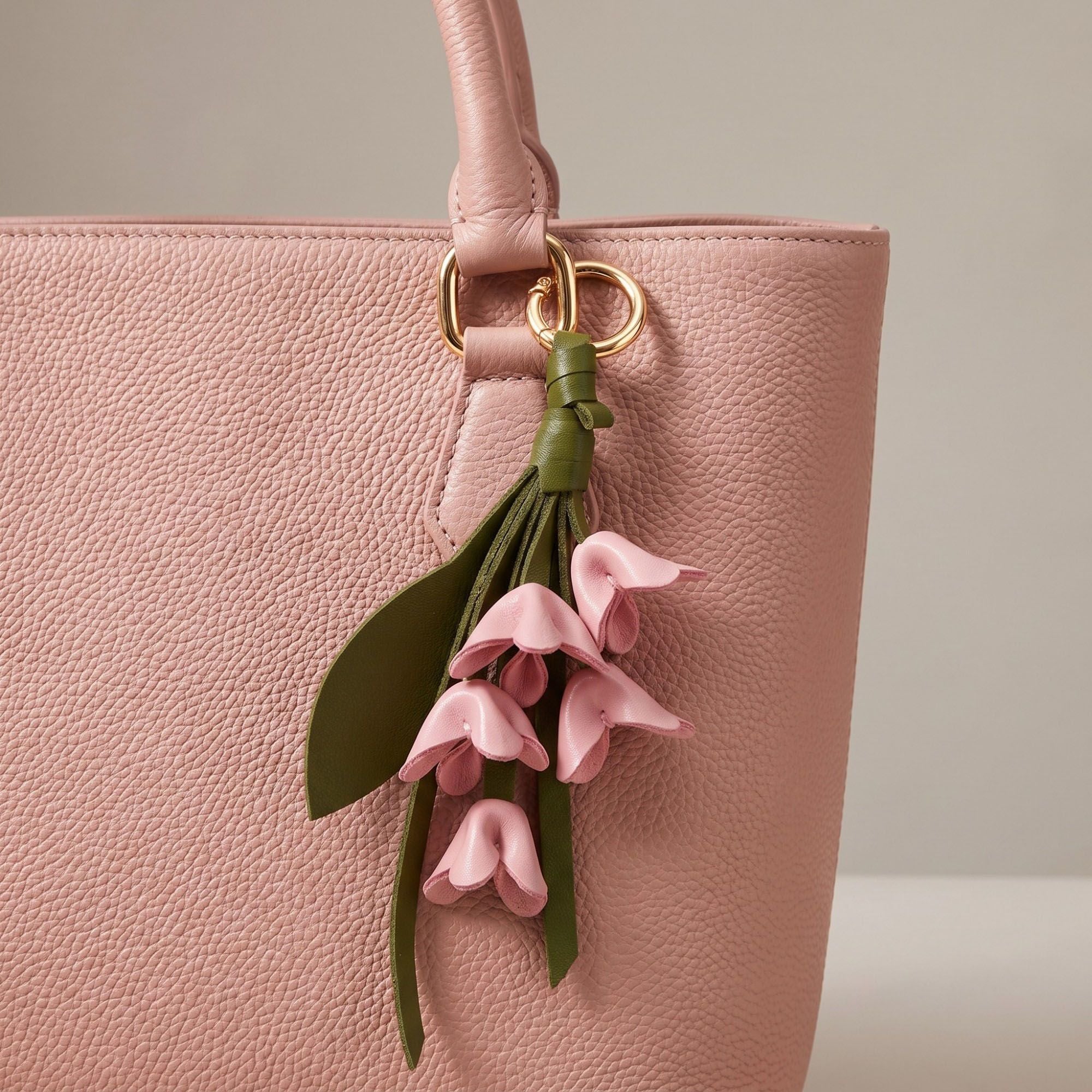 Floral Bag Charm with Tassel Strap and Gold Tone Ring