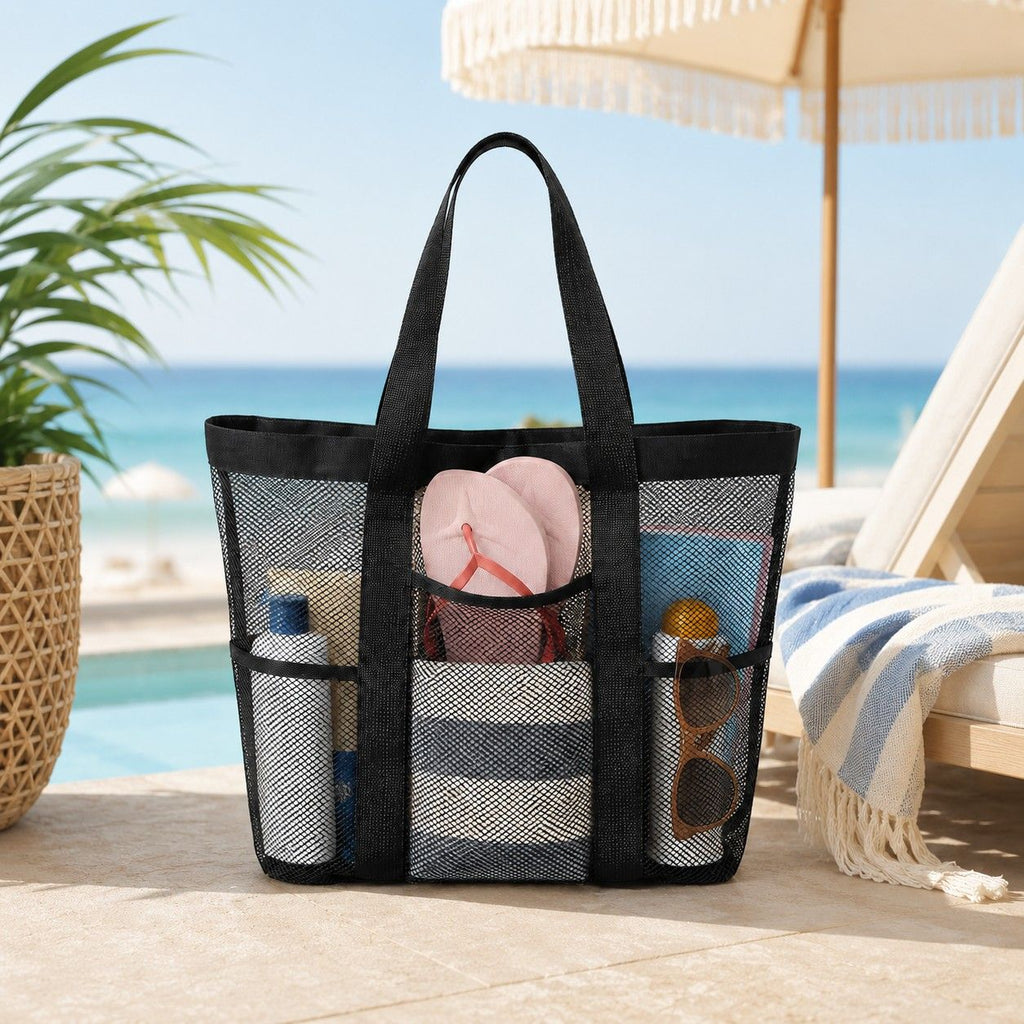 Large Mesh Beach Tote Bag with Exterior Pockets and Shoulder Handles