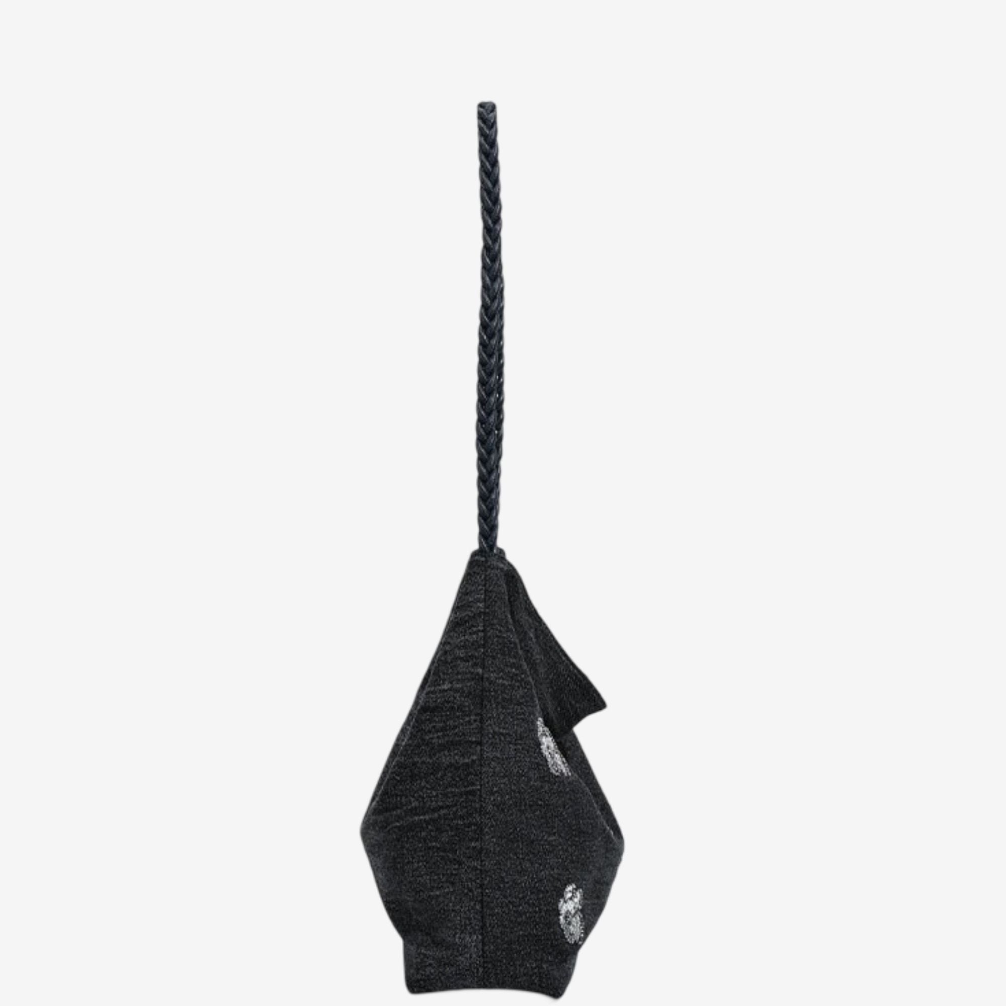 Black Sequin Embellished Braided Shoulder Bag Canvas Handbag
