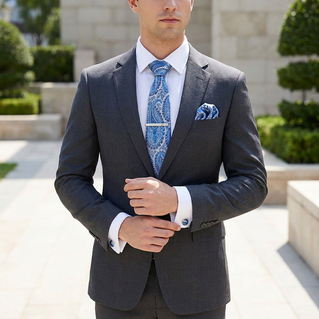 Men's Paisley Floral Tie Gift Set with Matching Pocket Square Cufflinks and Silver Tie Clip
