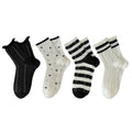 4 Pairs Women's Crew Socks with Black and White Patterns Soft Cotton Texture Heart and Stripe for Flats and Dress Shoes