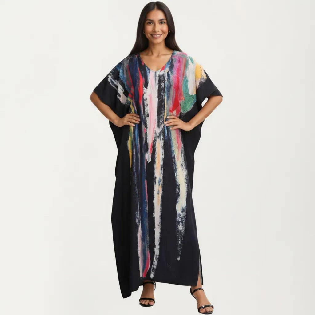 Anna-Kaci Women's Abstract Print Maxi Caftan Dress with V-Neckline Short Sleeves and Relaxed Draped Silhouette