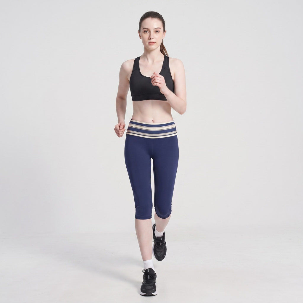Striped Foldover Waist Capri Leggings Fitted Cropped Yoga Pants for Workouts and Athleisure
