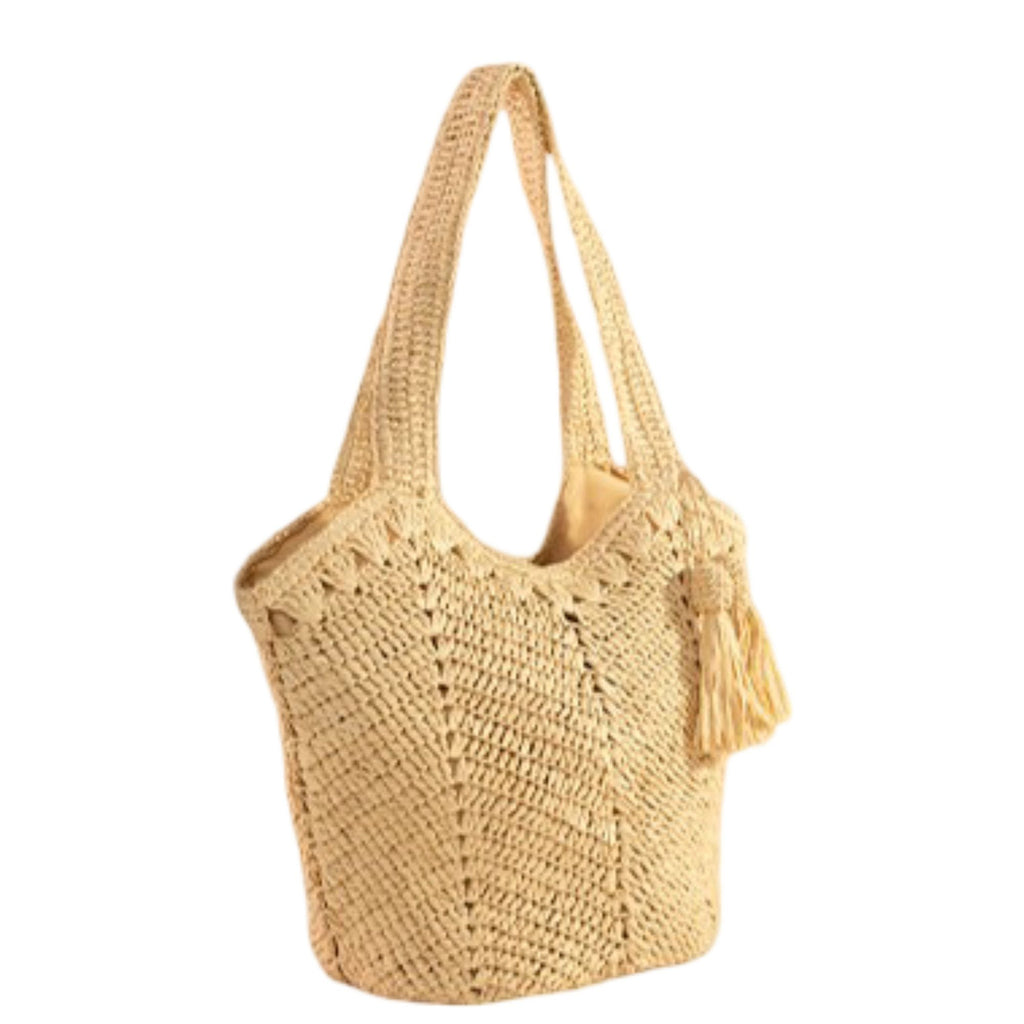 Tassel Straw Tote Bag with Zipper Closure for Beach and Travel