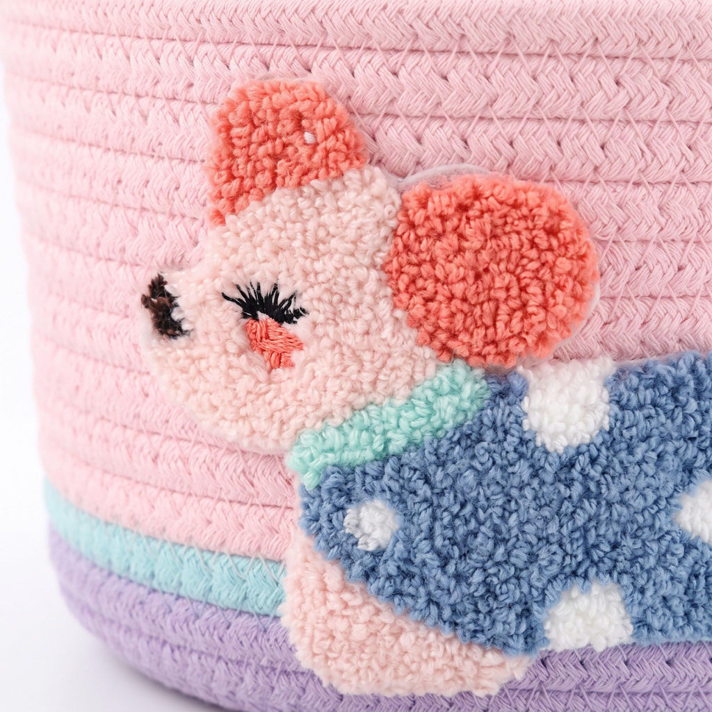 Animal Applique Woven Rope Storage Basket Lid Decorative Organizer Bin