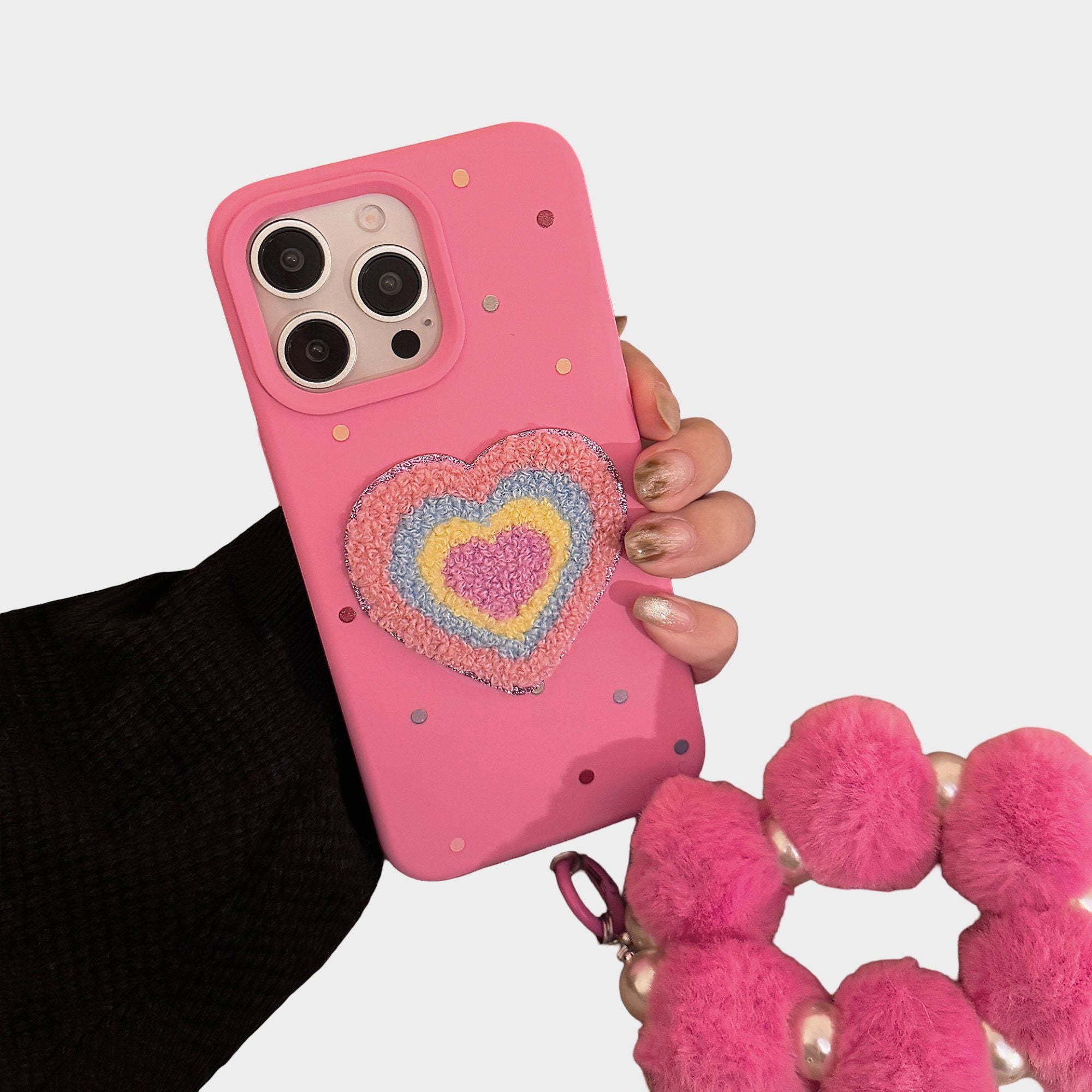 Anna-Kaci Heart Patch Phone Case with Plush Beaded Wristlet Charm