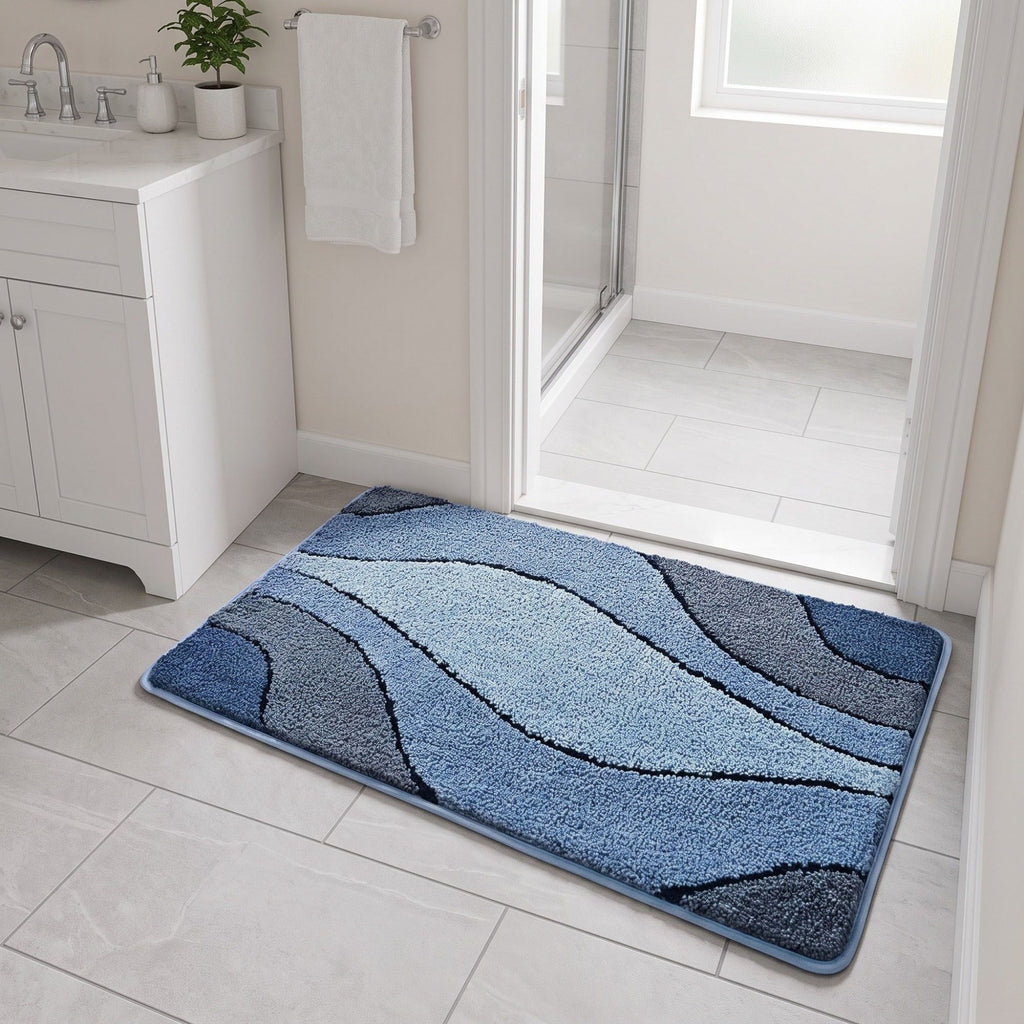 Abstract Blue Wave Plush Bathroom Mat with Layered Curved Line Design