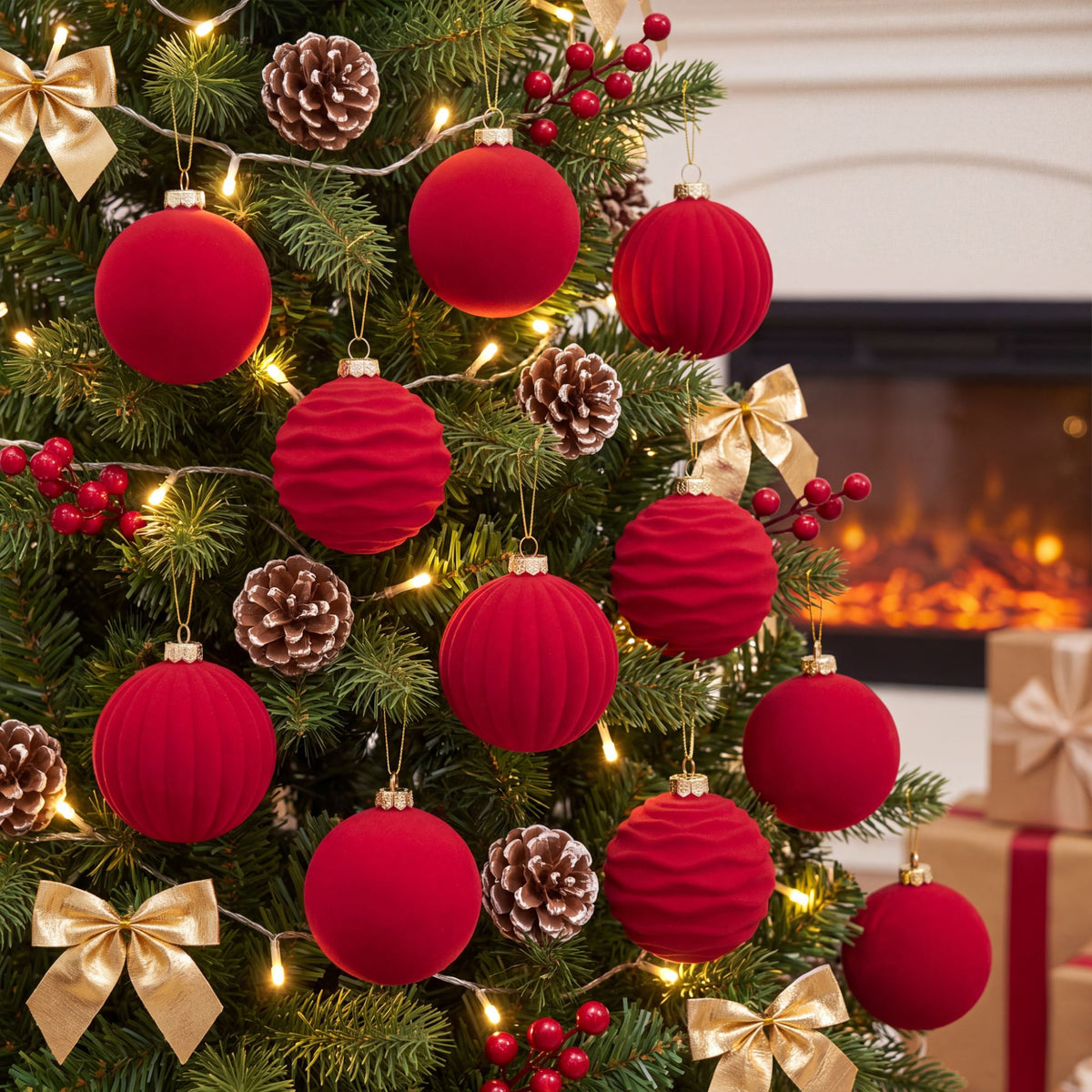 12ct Flocked Christmas Ball Ornament Set 3.15 Inch Holiday Tree Decorations