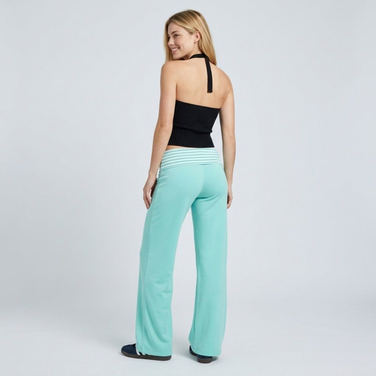 Striped Contrast Foldover Waistband Full-Length Wide-Leg Trousers