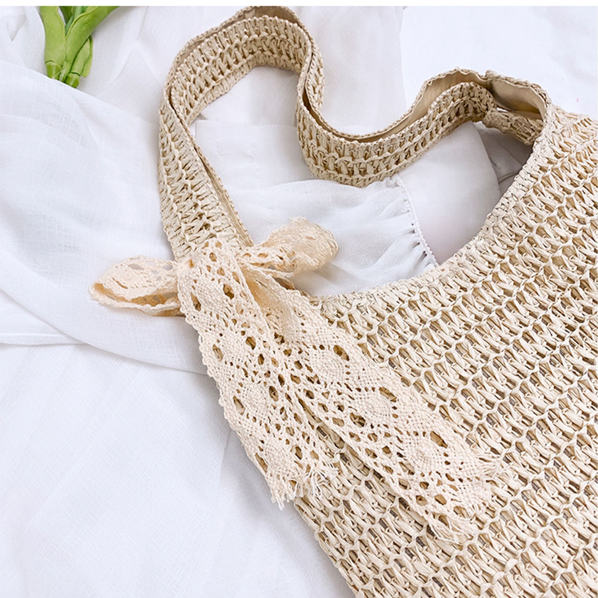 Women's Crochet Woven Hobo Shoulder Bag with Lace Bow Accent and Lined Interior