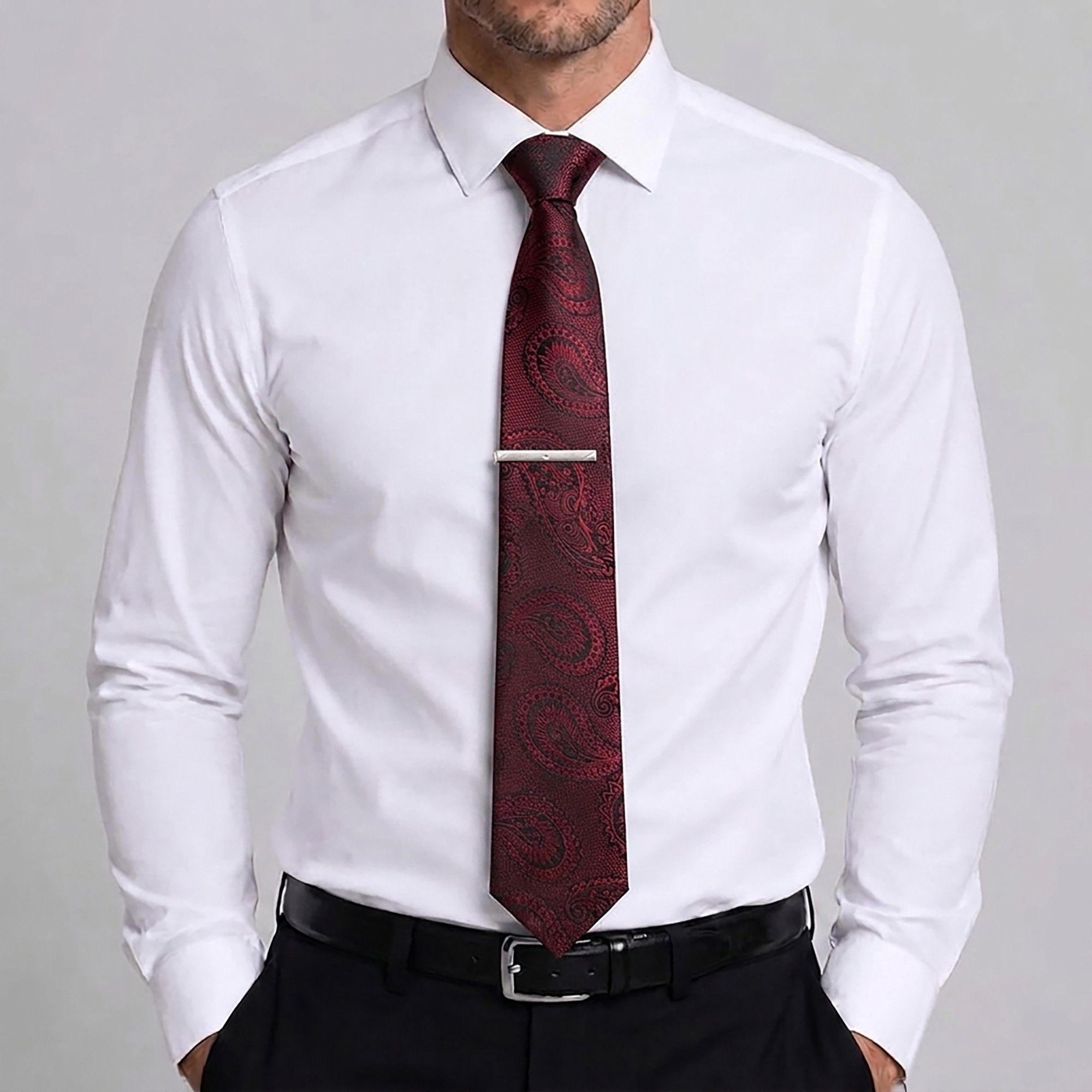 Men's Rose Floral Tie Gift Set with Matching Pocket Square Cufflinks and Silver Tie Clip