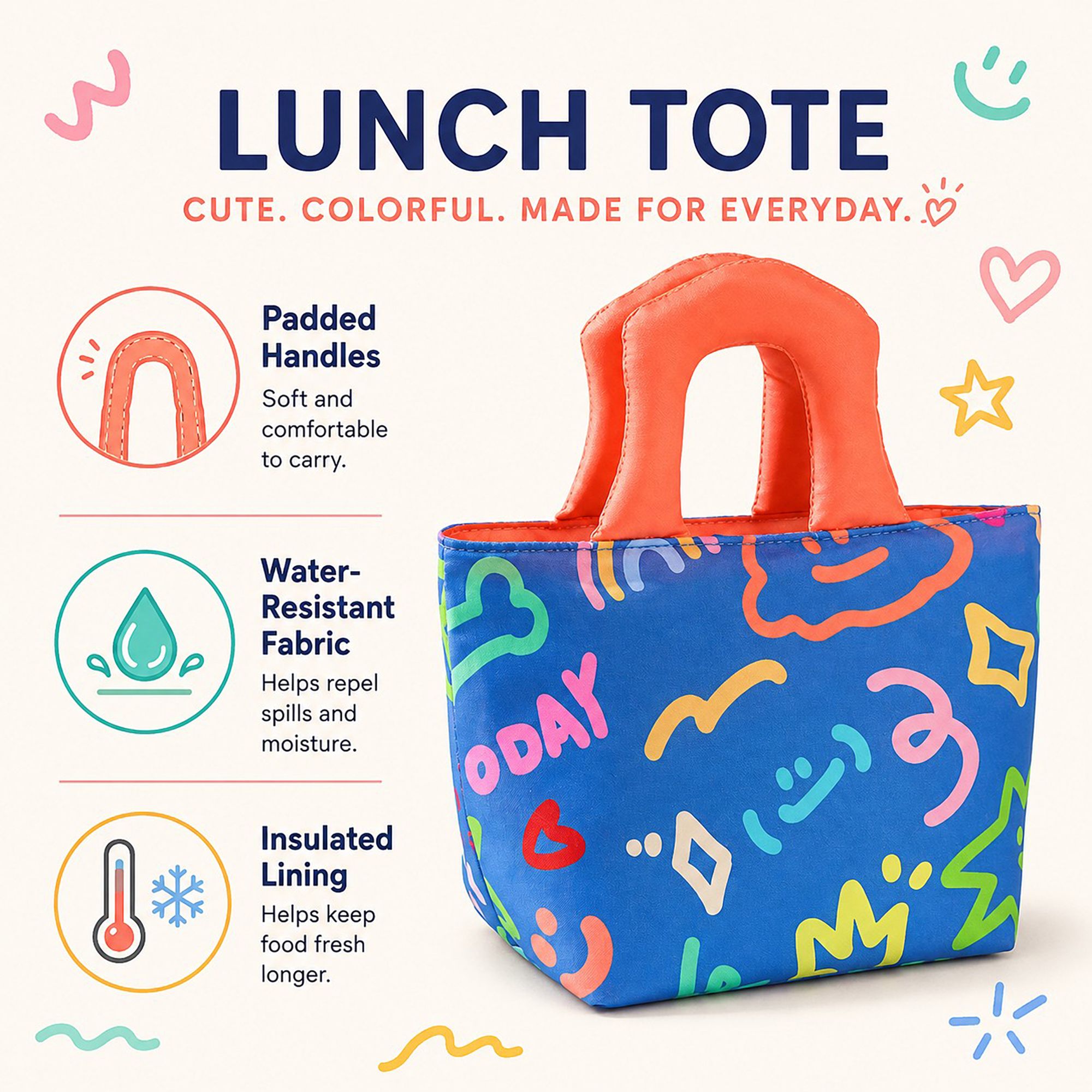 Printed Lunch Tote Bag with Padded Handles and Zipper Closure
