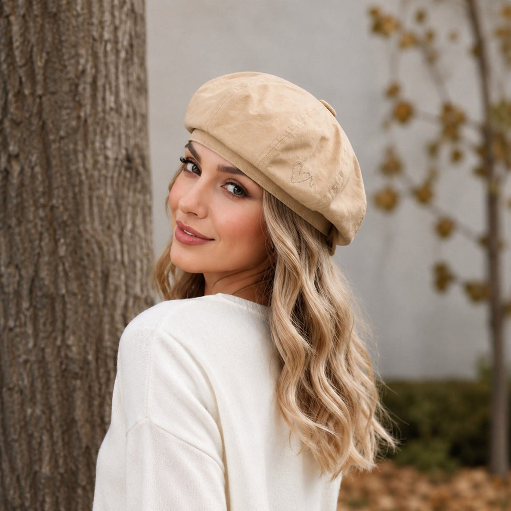 Heart Embroidered Newsboy Cap Textured Baker Boy Hat