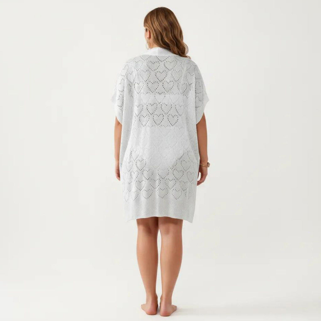 Anna-Kaci Women's Open Front Knit Cardigan with Heart Pointelle Pattern Short Sleeves Relaxed Mid Length Fit