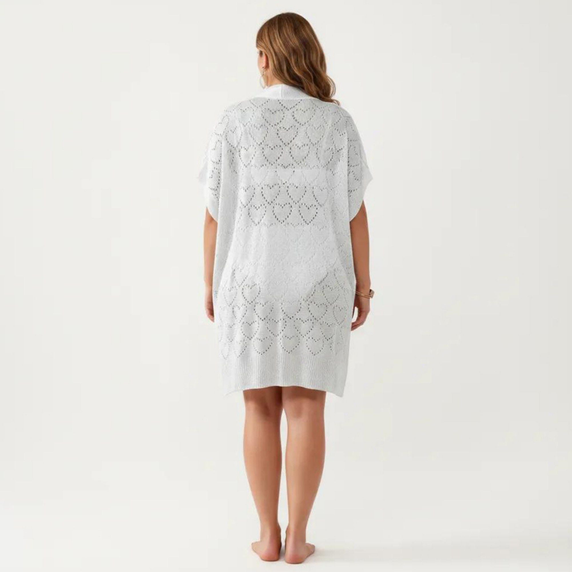 Anna-Kaci Women's Open Front Knit Cardigan with Heart Pointelle Pattern Short Sleeves Relaxed Mid Length Fit