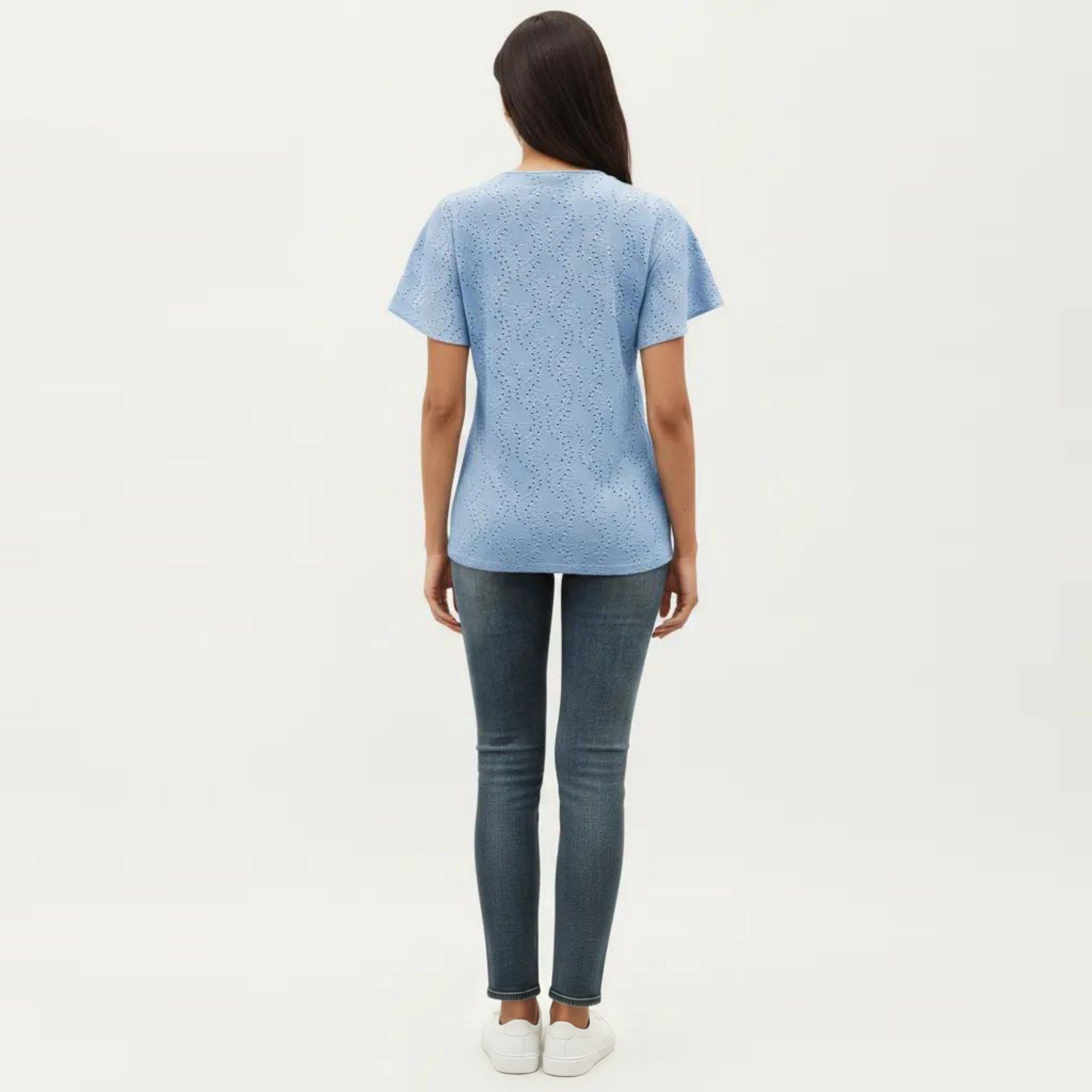 Anna-Kaci Women's Short Sleeve Eyelet V-Neck Top with Floral Embroidery and Flutter Sleeves