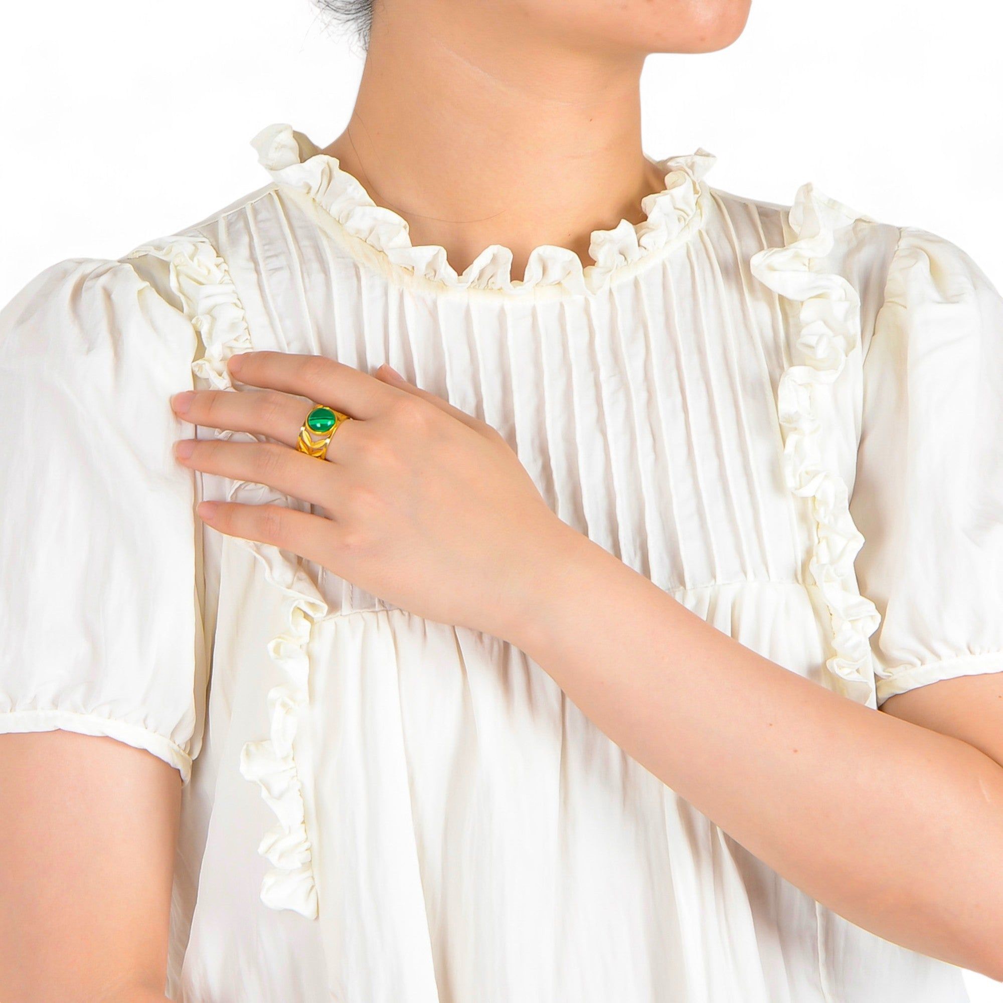 Women's Wide Statement Ring Gold Tone with Round Stone Marble-Like Stone and Textured Details