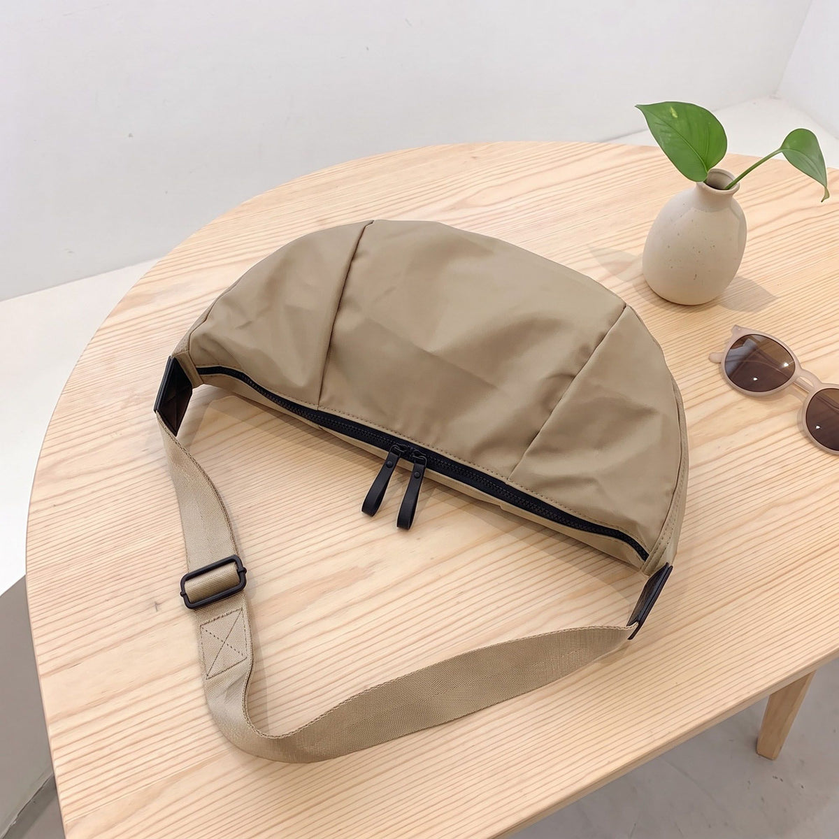 Nylon Crescent Shoulder Bag with Adjustable Strap and Double Zip Closure