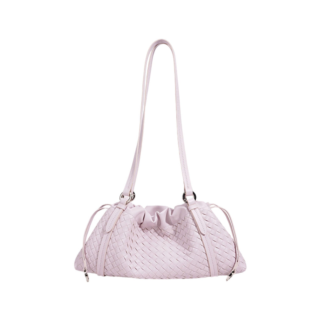 Woven Leather Shoulder Satchel with Ruched Top Detail Long Straps and Slouchy Shape