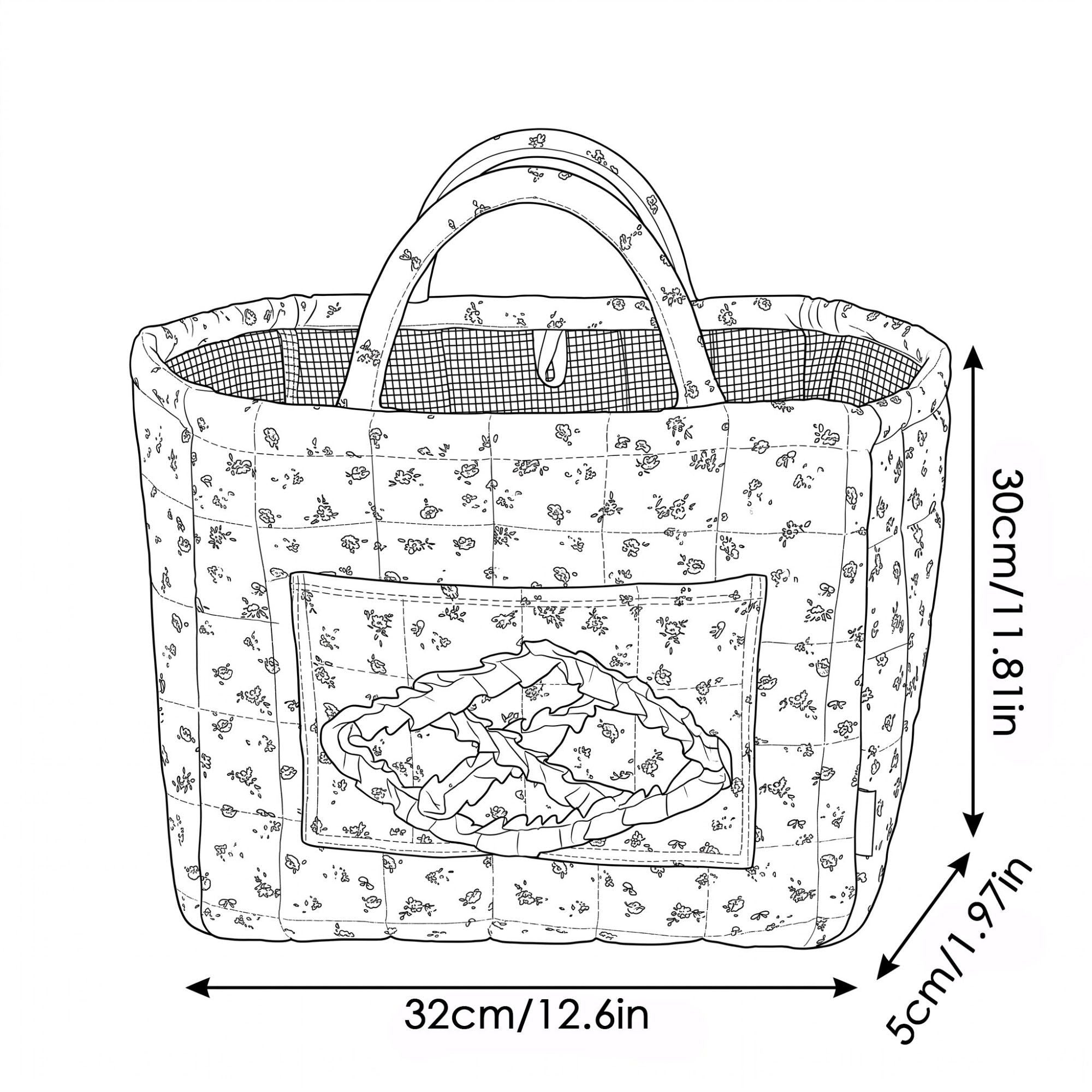 Floral Quilted Fabric Storage Tote with Handles and Pocket