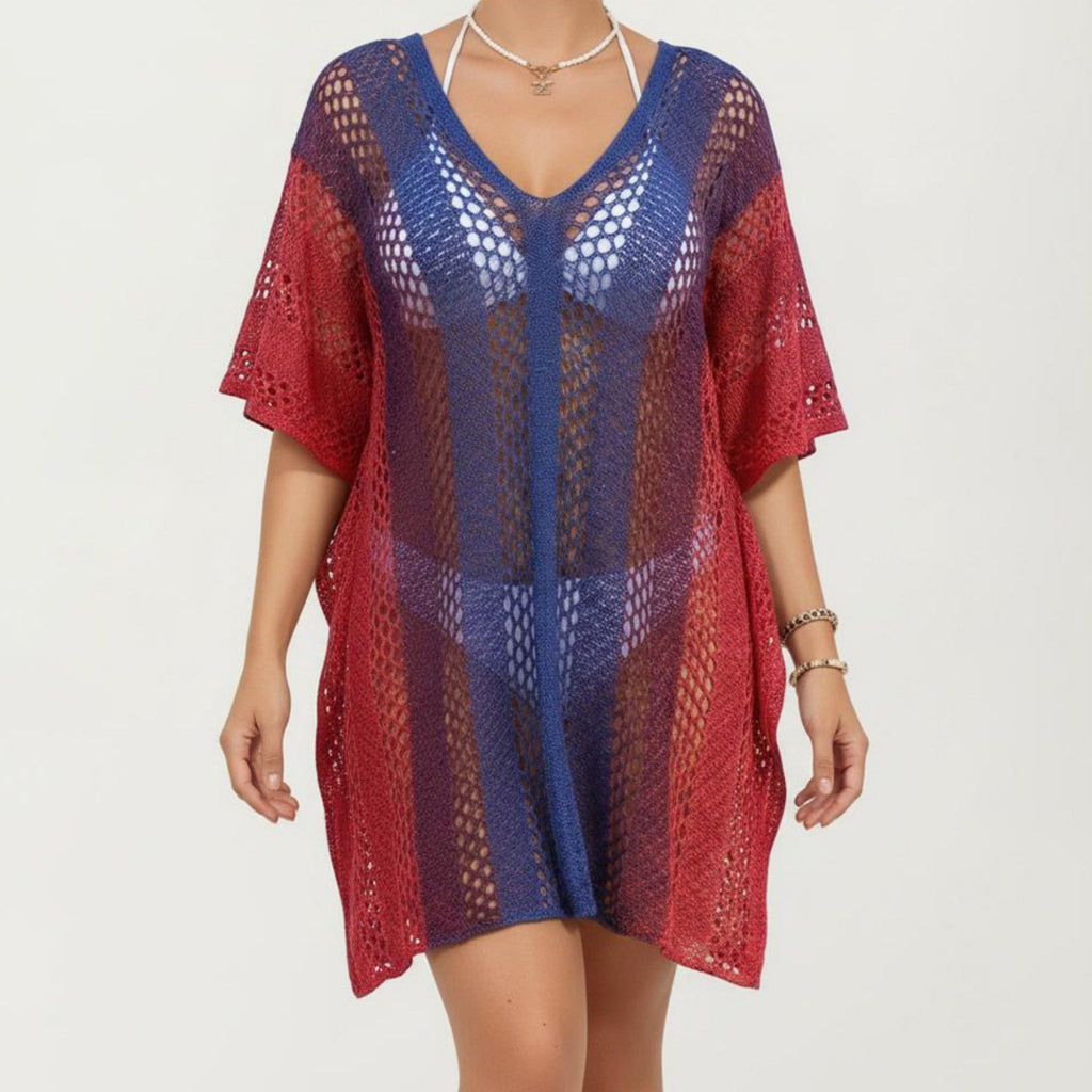 Anna-Kaci Women's Ombre Crochet Swim Cover Up Dress with Open Knit Mesh Design V Neck Short Sleeves Relaxed Fit