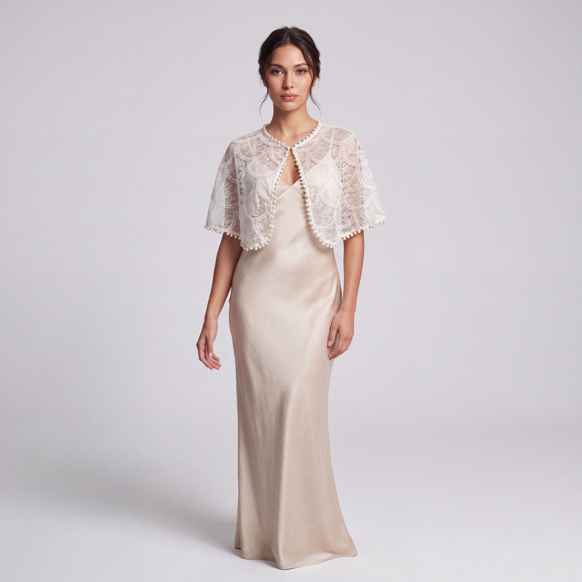 Sheer Floral Lace Pearl Trim Capelet Shrug with Open Front, Scalloped Pattern and Draped Short Sleeves 17.7*9.8In