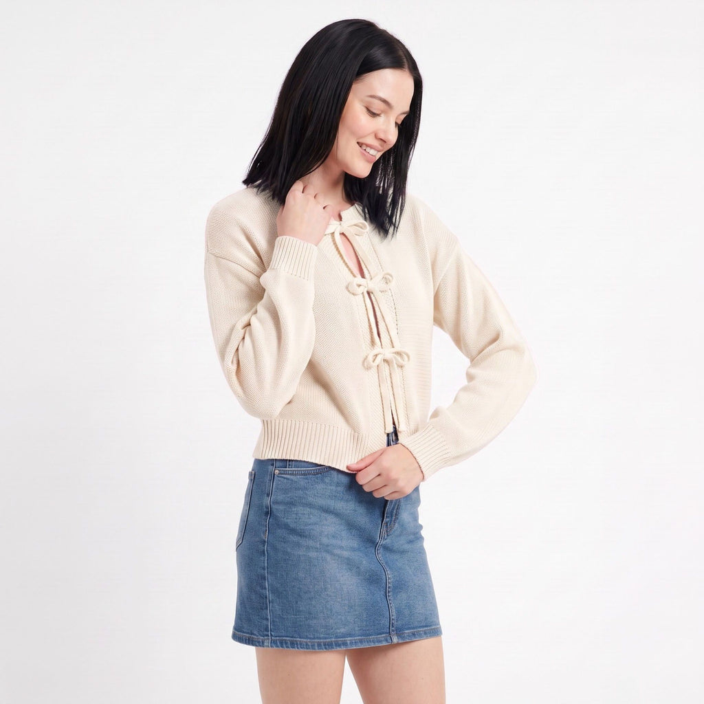 Tie-Front Long Sleeve Cropped Knit Cardigan