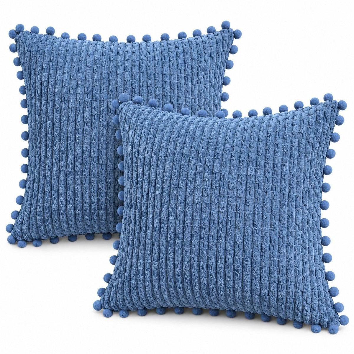 2 Pack Double Sided Corduroy Throw Pillow Covers 18 x 18 Inch with Pom Pom Trim