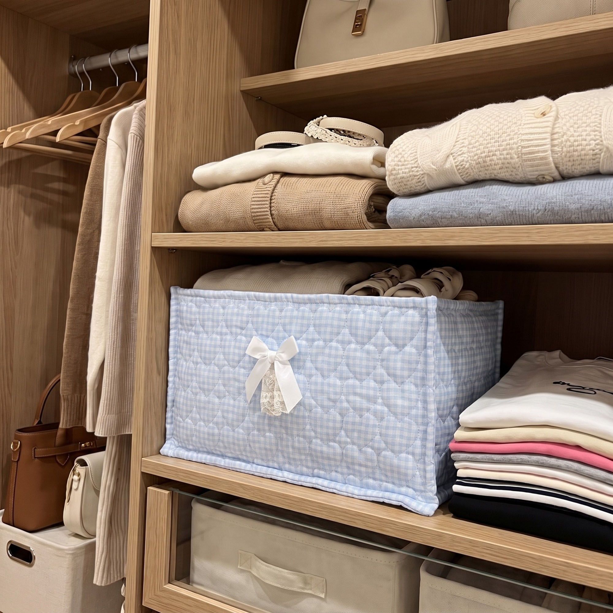 Quilted Heart Gingham Rectangular Storage Bin with Bow & Lace Accent