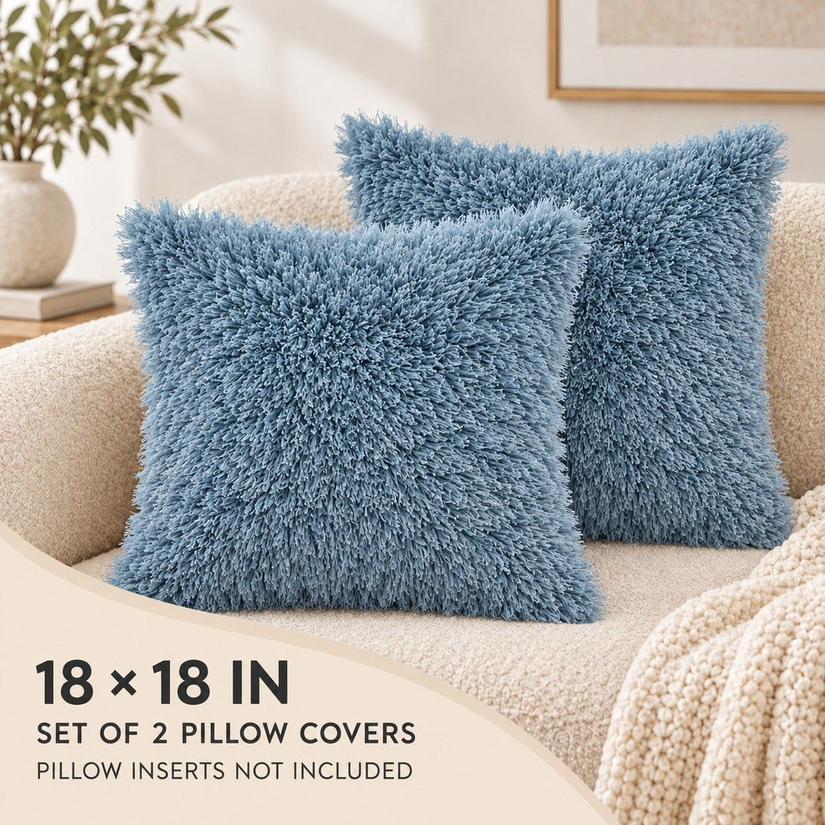 2 Pack Shaggy Faux Fur Throw Pillow Covers 18 x 18 Inch for Couch Sofa and Bed