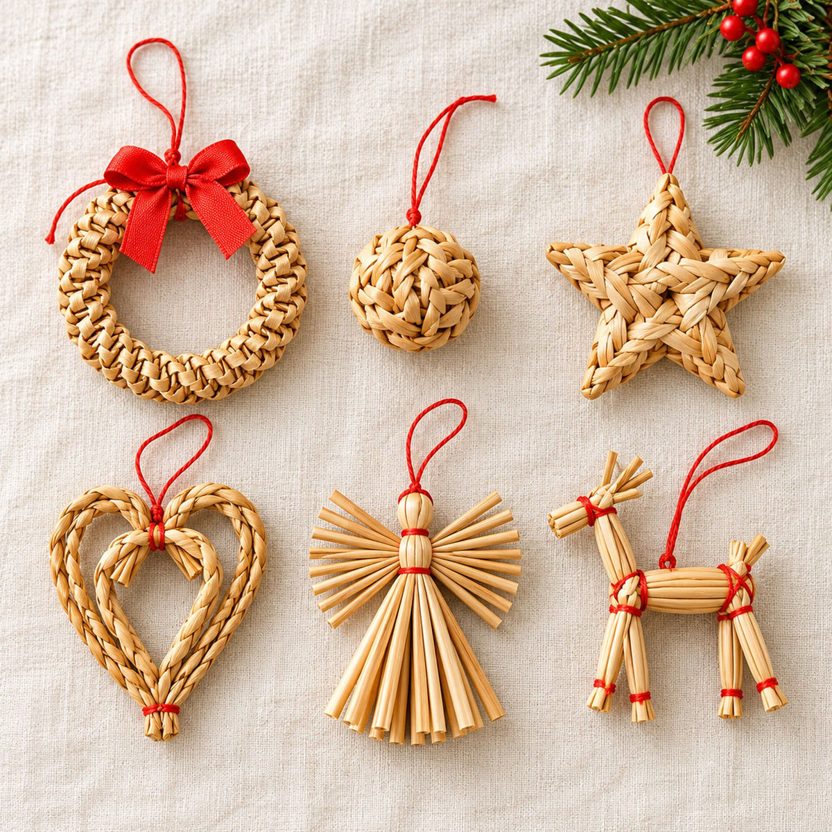 56ct Straw Christmas Tree Ornaments Assorted Holiday Decorations Gift