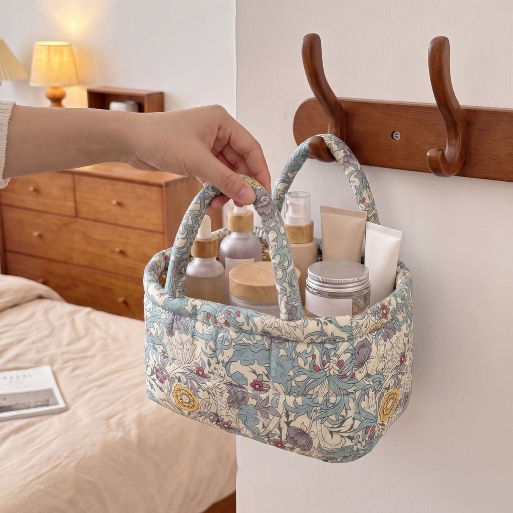 Floral Print Quilted Organizer Tote Bag with Multiple Pockets and Carry Handles