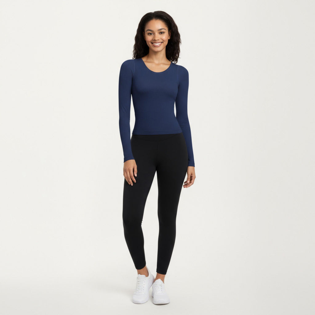 Anna-Kaci Active Women's Ribbed Long Sleeve Fitted Top with Crew Neck and Thumbhole Cuffs