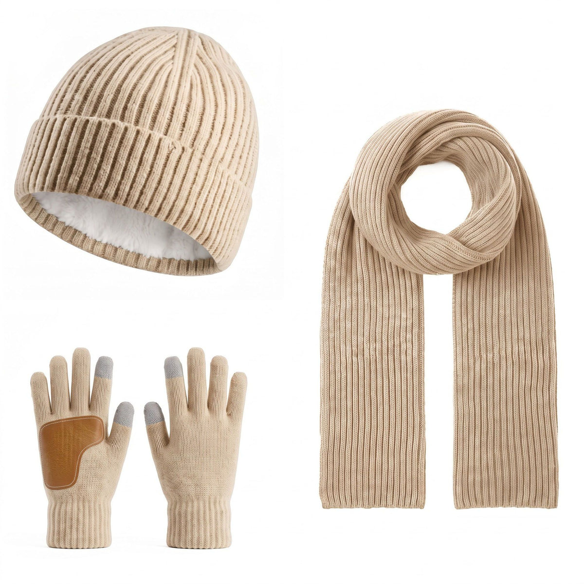 3 Piece Ribbed Knit Beanie Scarf and Touchscreen Gloves Set