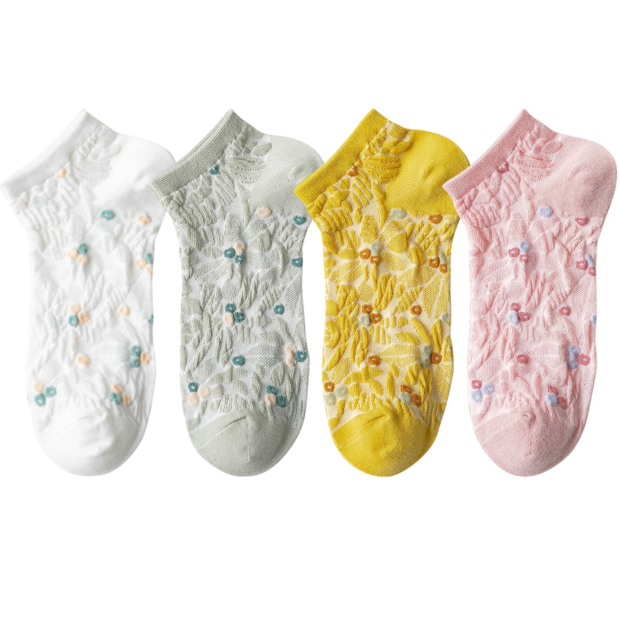 Anna-Kaci 4 Pairs Women's Low-Cut Floral Embroidered Socks Soft Combed Cotton Breathable Fit for Sneakers Flats and Everyday Casual Wear