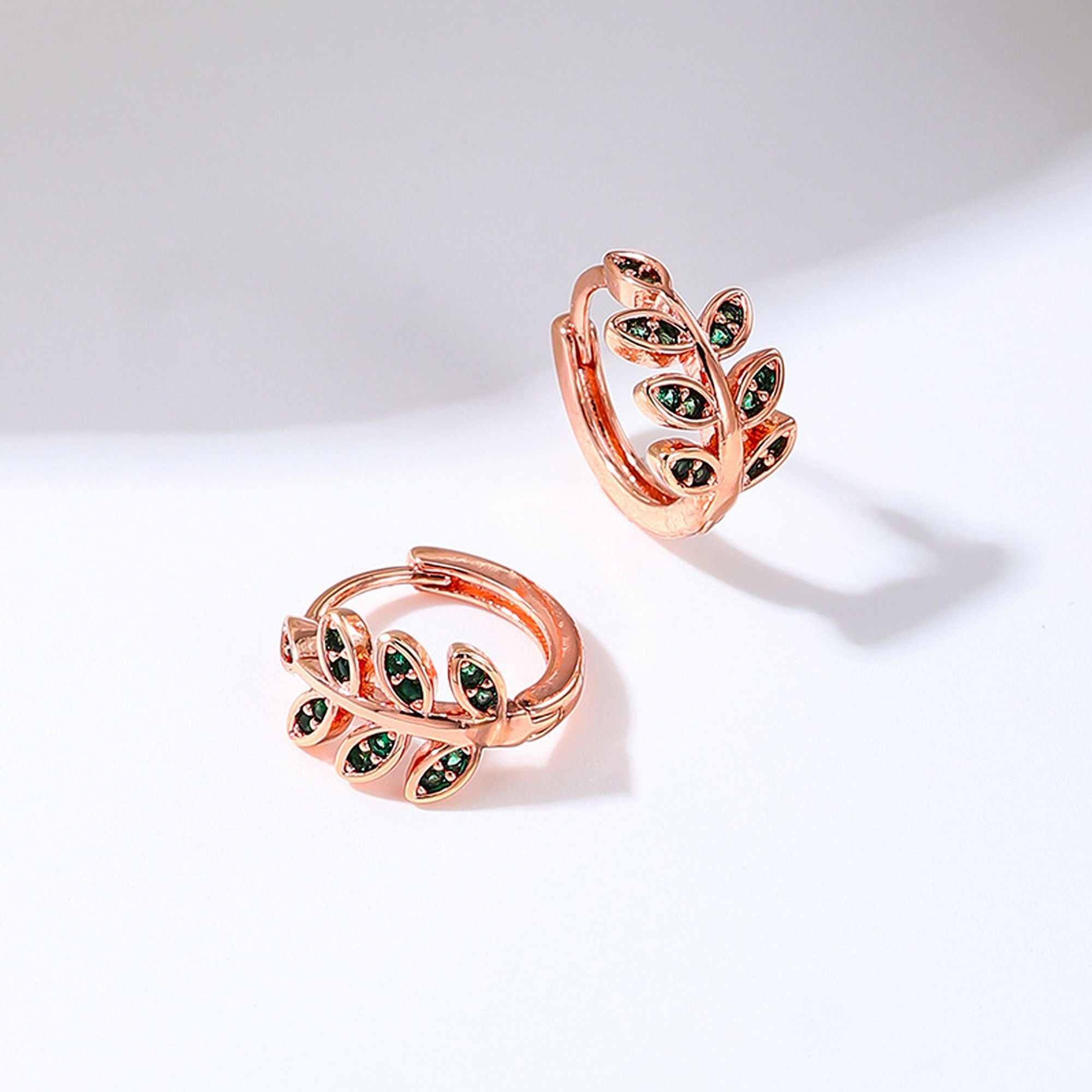 Women's Leaf - Shaped Hoop Earrings with Green Crystals
