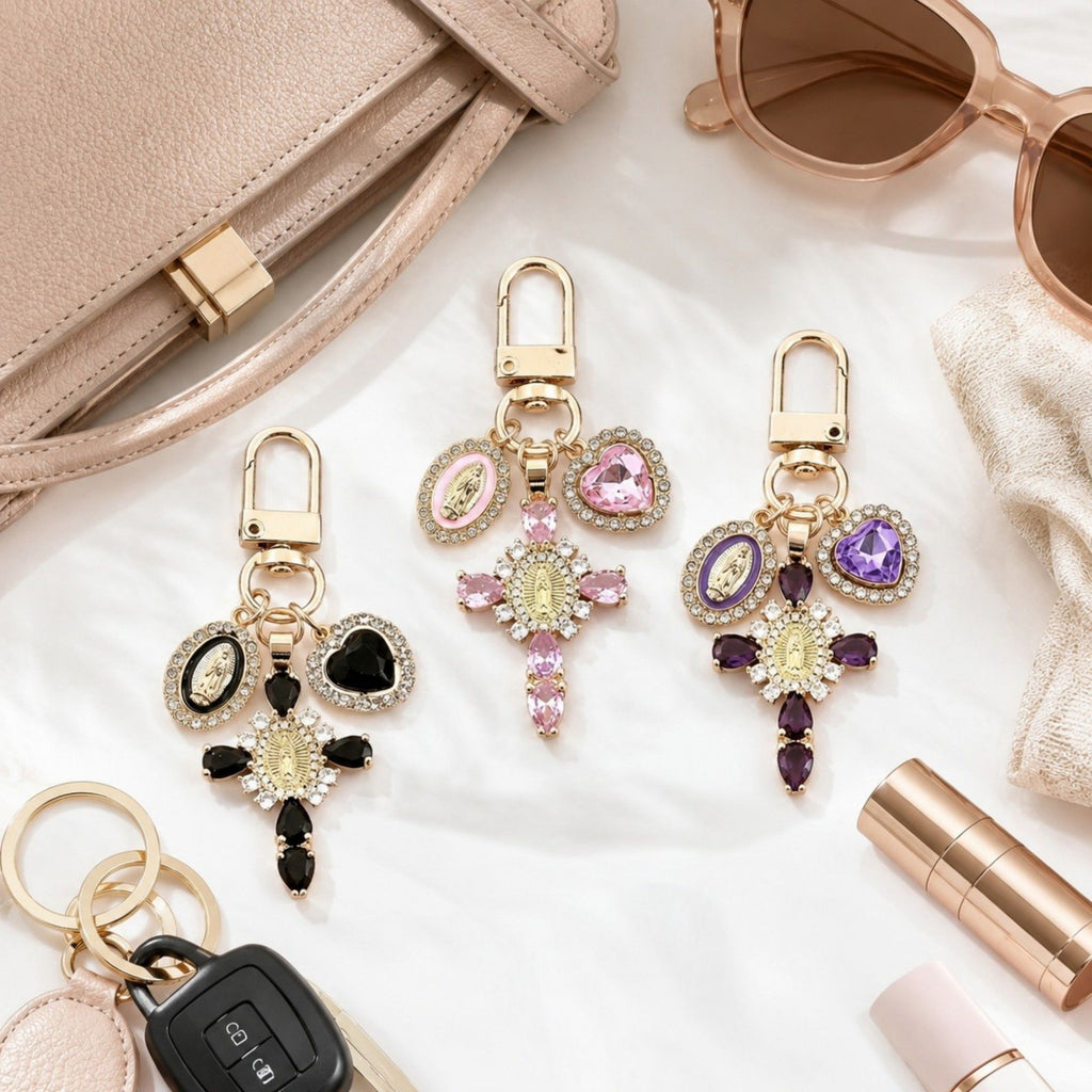 3pc Cross Keychain Bag Charm with Rhinestone Heart Pendant and Medallion Accent