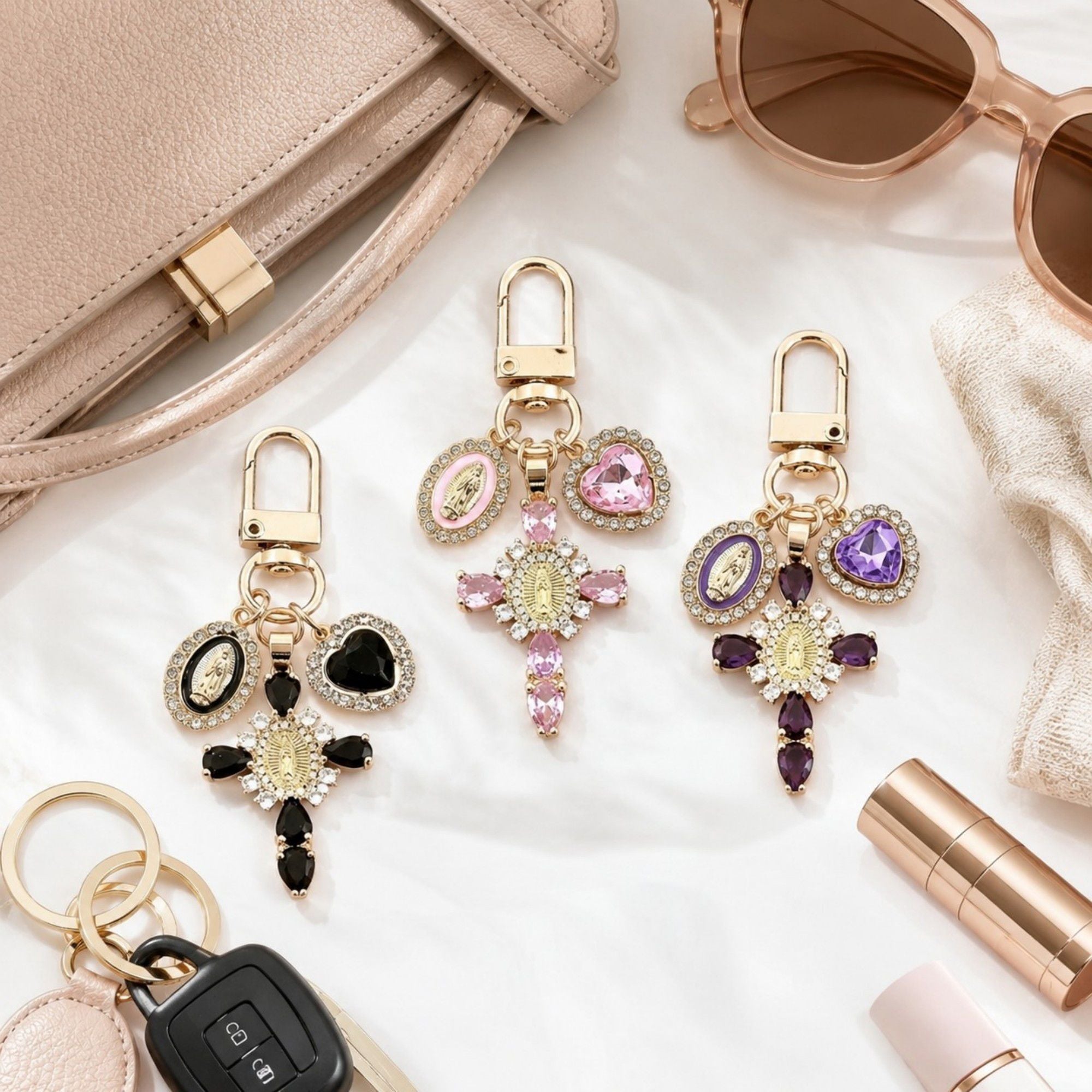 3pc Cross Keychain Bag Charm with Rhinestone Heart Pendant and Medallion Accent
