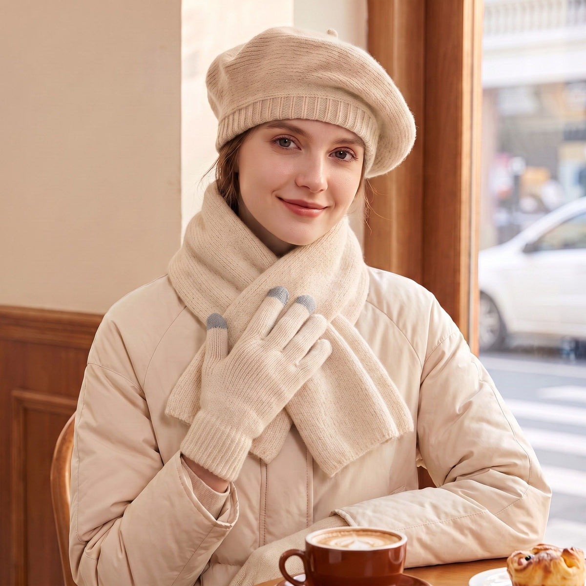3 Piece Beret Scarf and Touchscreen Gloves Winter Set