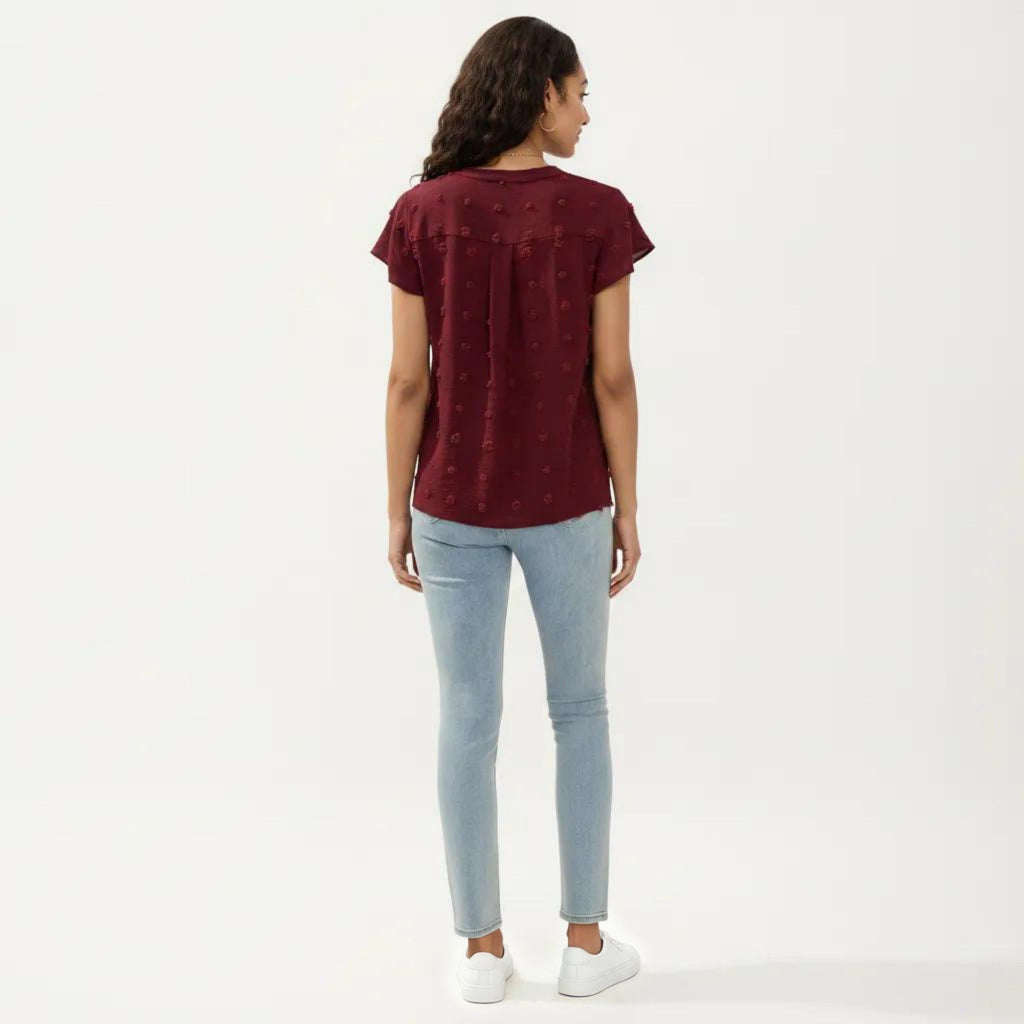 Anna-Kaci Women's Short Sleeve Swiss Dot Top with Split Neckline and Soft Textured Fabric