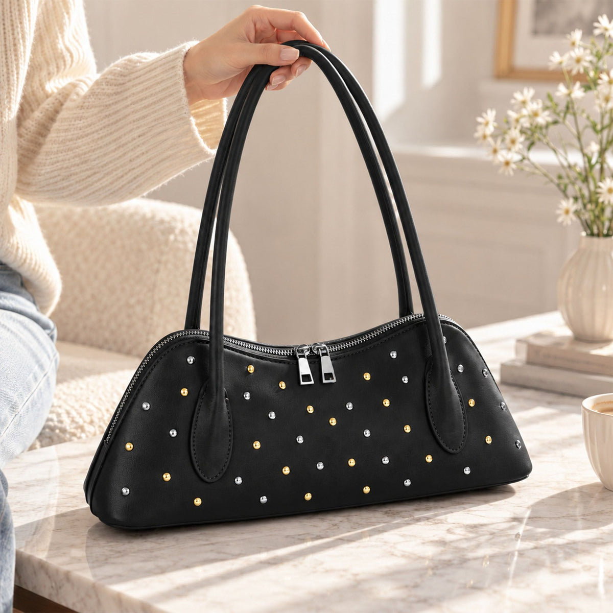 Studded Satchel Handbag with Long Handles Zip Closure and Interior Pocket