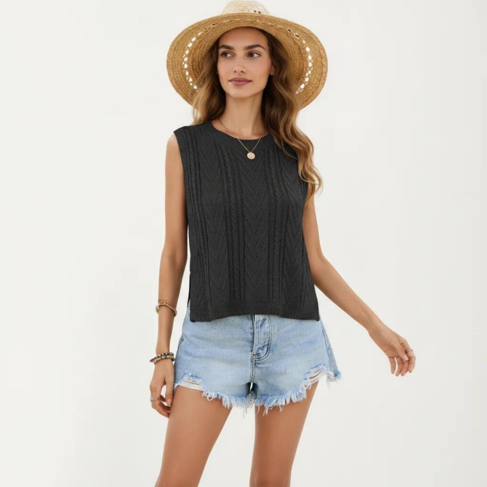 Anna-Kaci Women's Sleeveless Cable Knit Top with Crew Neck and Ribbed Hem