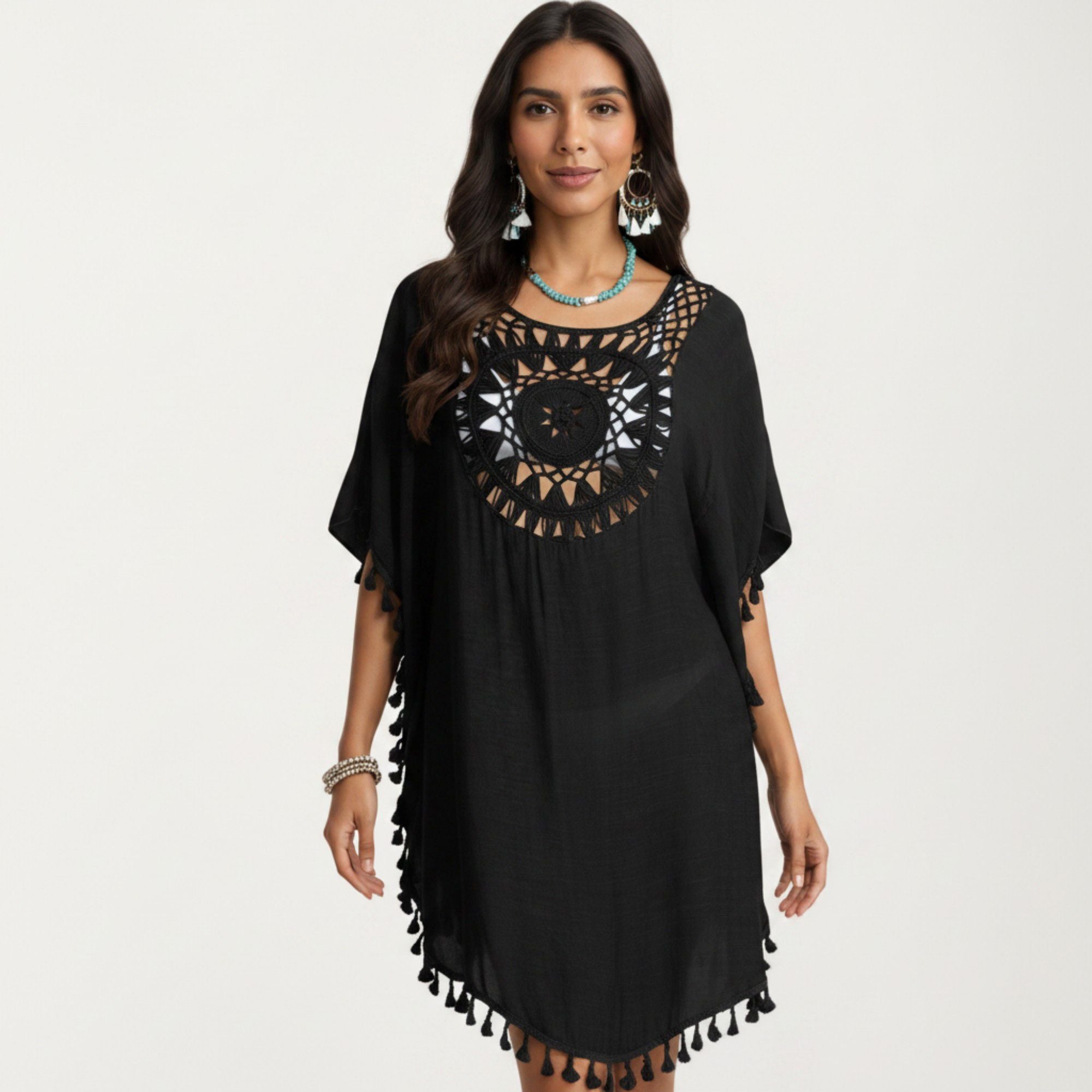 Anna-Kaci Women's Crochet Medallion Swim Cover Up Dress with Tassel Trim and Relaxed Boho Silhouette