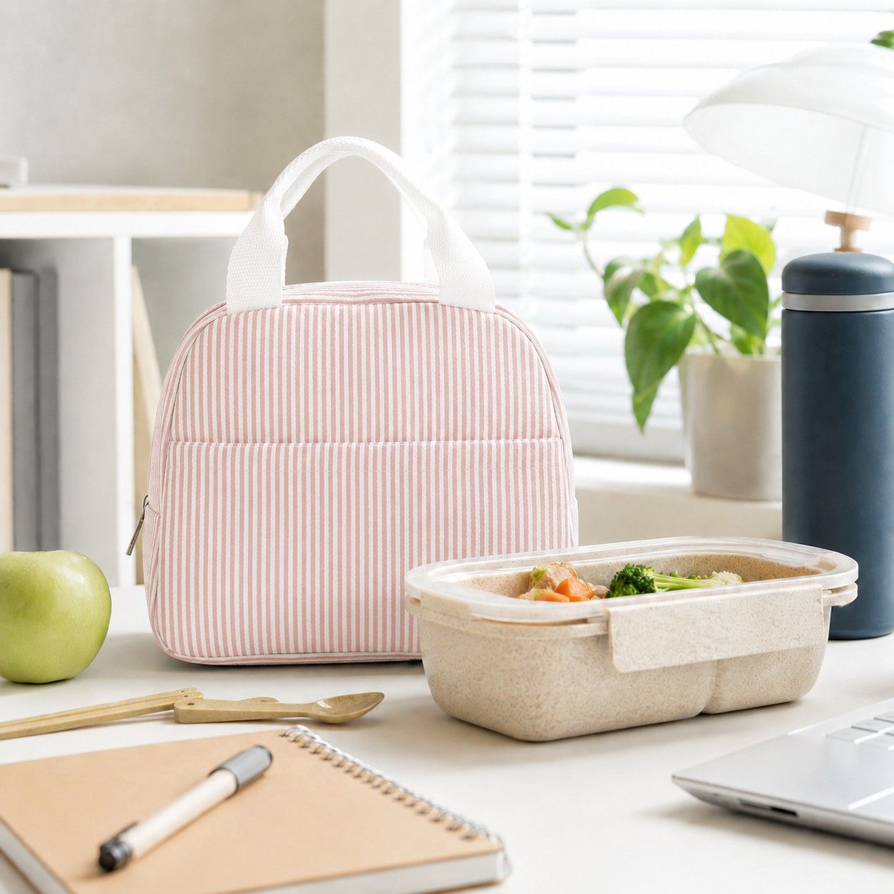 Striped Insulated Lunch Tote Bag with Front Pocket and Zip Closure