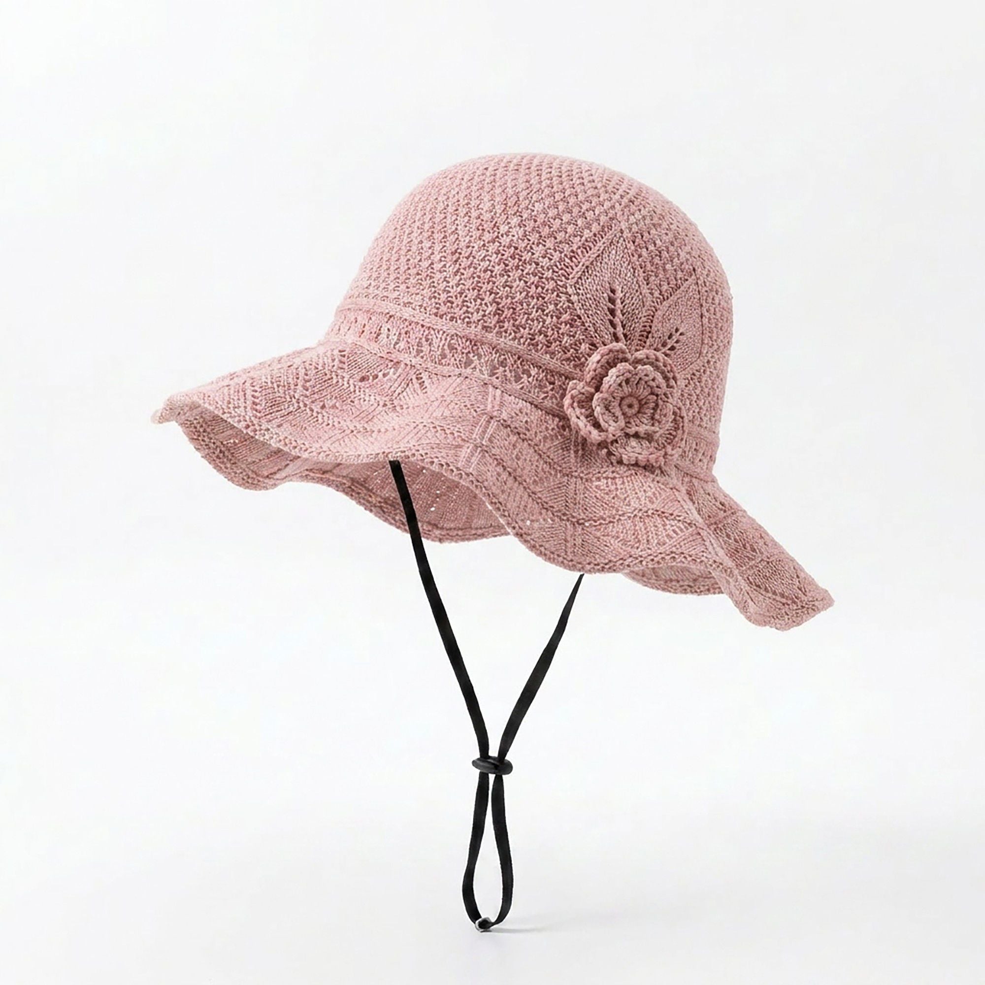 Crochet Wide Brim Sun Hat with Floral Accent Scalloped Edge and Chin Strap