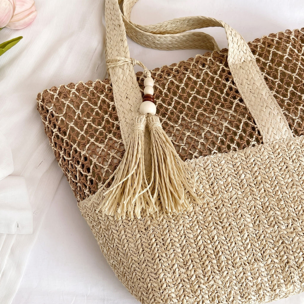 Woven Straw Tote Bag with Zip Closure Shoulder Straps and Tassel Accent