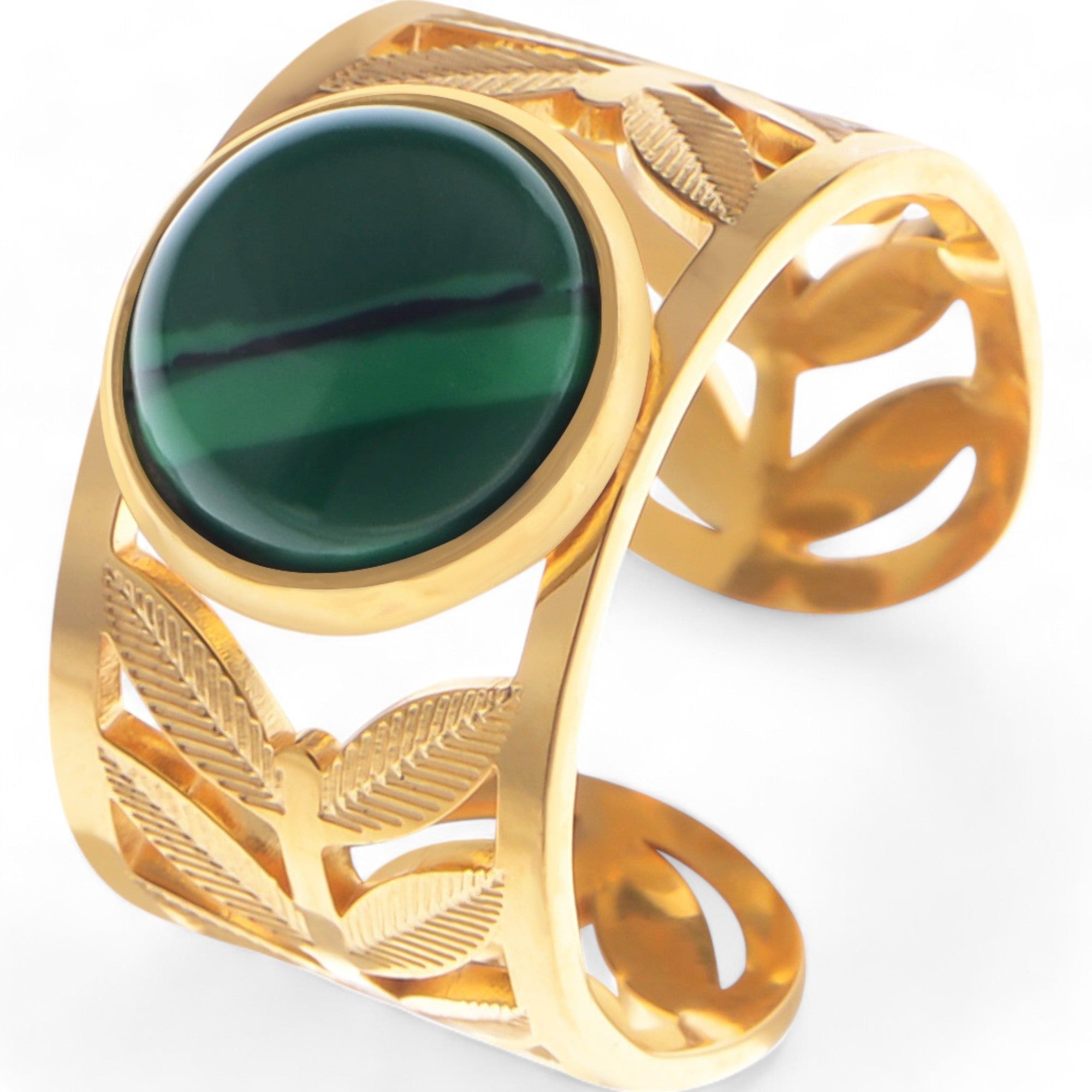 Women's Wide Statement Ring Gold Tone with Round Stone Marble-Like Stone and Textured Details
