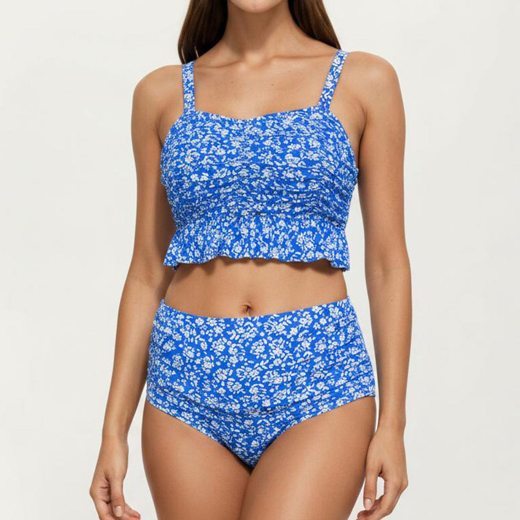 Anna-Kaci Swim Women's Floral Print Ruffled Maternity Bikini Set with High-Waisted Bottoms